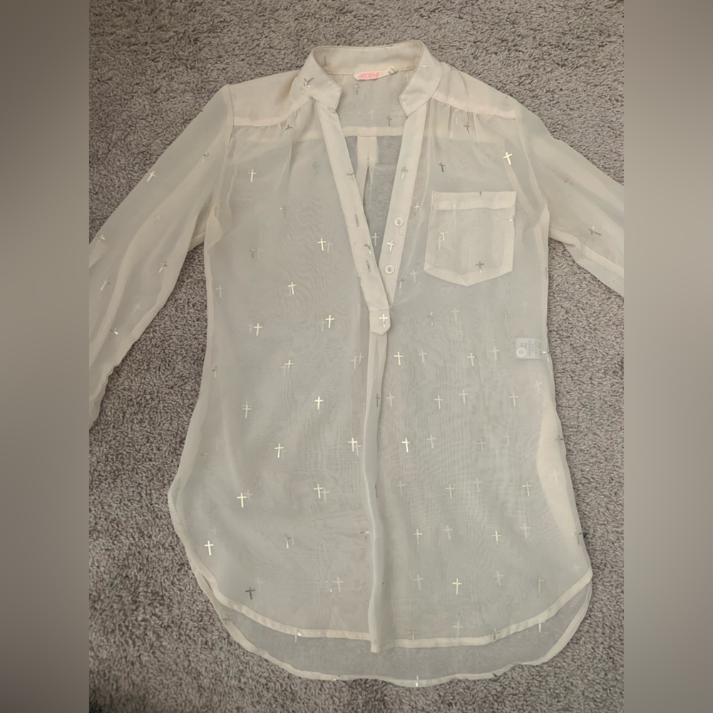 Ardene Sheer Cream Blouse with Cross Pattern